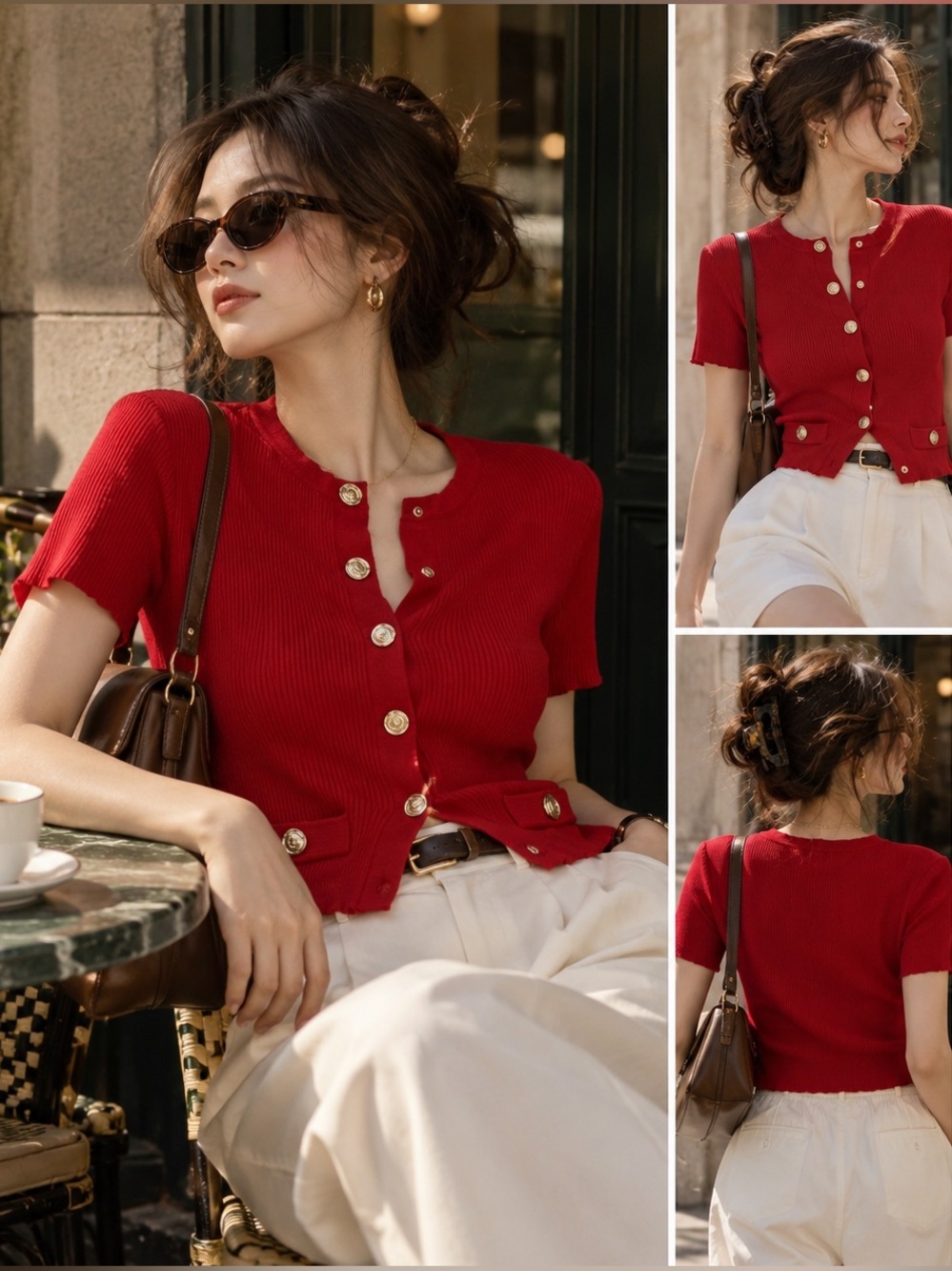 Maje NWOT Red Short-Sleeve Ribbed Button-Front Cardigan with Gold Buttons